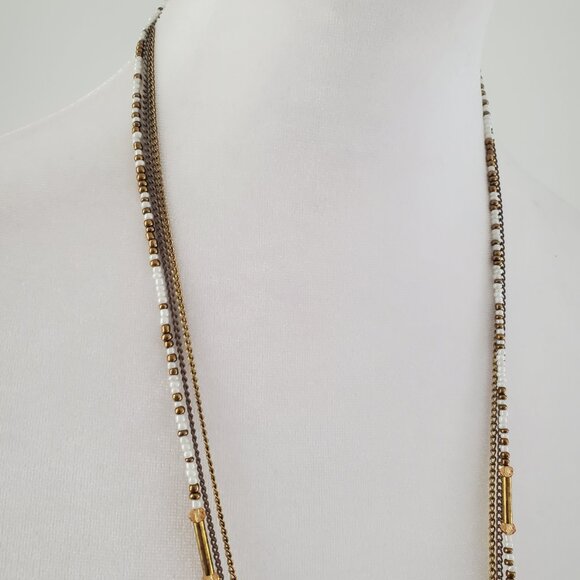 ICING Long Beaded Chain Fringe Bib Boho Necklace Bronze & White Gold Tone - Picture 6 of 7